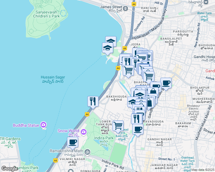 map of restaurants, bars, coffee shops, grocery stores, and more near Tank Bund Road in Hyderabad