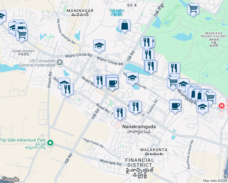 map of restaurants, bars, coffee shops, grocery stores, and more near Survey 115/1 ISB Road in Hyderabad