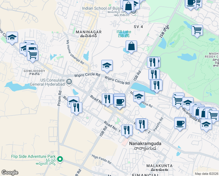 map of restaurants, bars, coffee shops, grocery stores, and more near 115 ISB Road in Nanakramguda