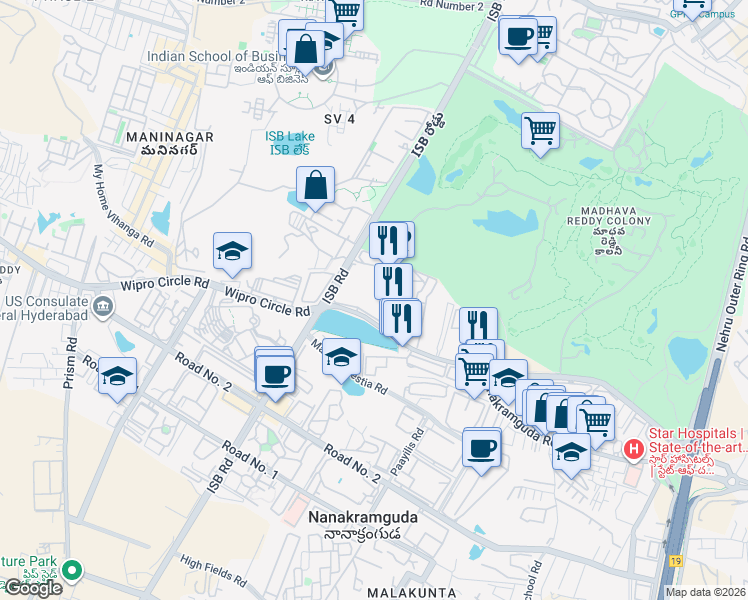 map of restaurants, bars, coffee shops, grocery stores, and more near Wipro STPI Parking Route in Hyderabad