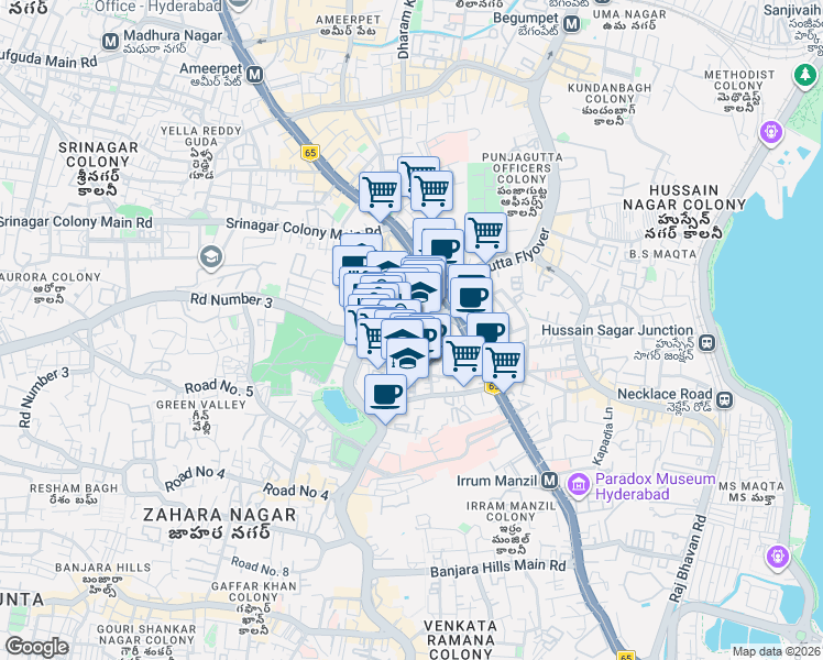 map of restaurants, bars, coffee shops, grocery stores, and more near Nagarjuna Circle Road in Hyderabad