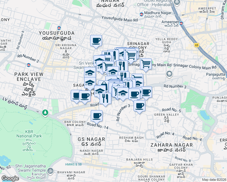 map of restaurants, bars, coffee shops, grocery stores, and more near Road Number 2 in Hyderabad