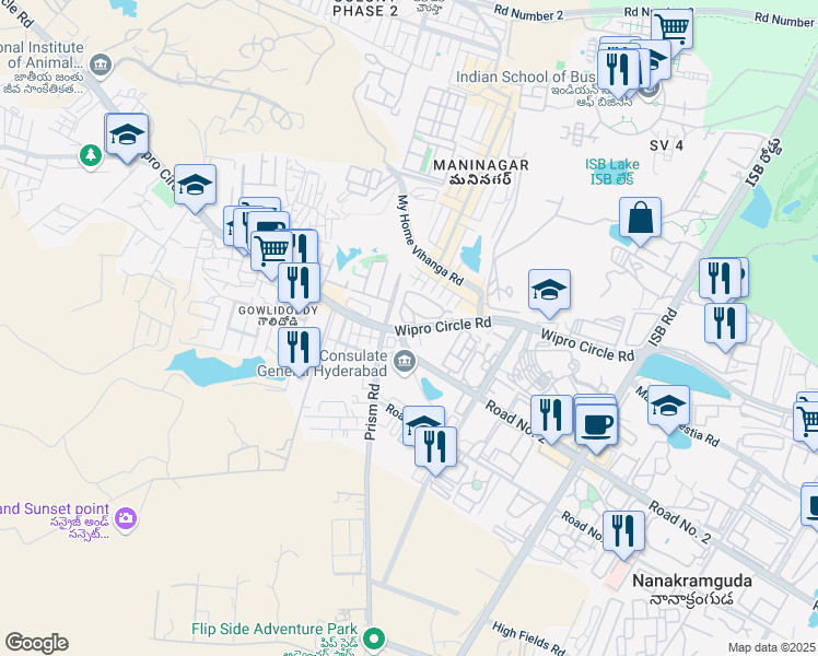 map of restaurants, bars, coffee shops, grocery stores, and more near 111 Wipro Circle Road in Nanakramguda