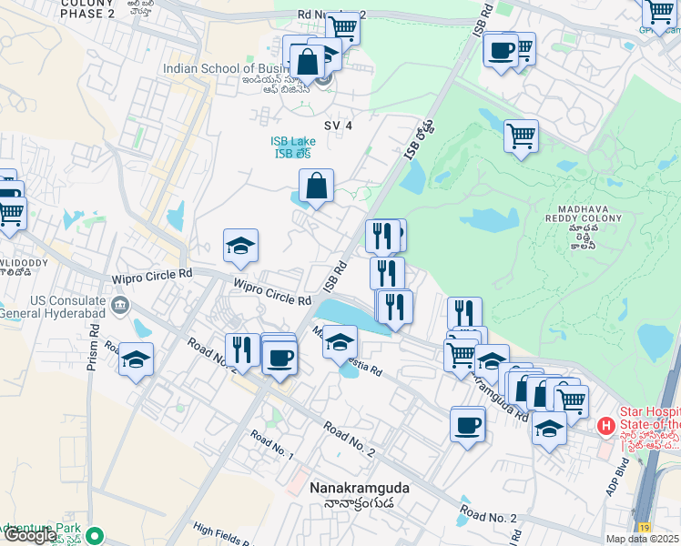 map of restaurants, bars, coffee shops, grocery stores, and more near Wipro STPI Parking Route in Hyderabad