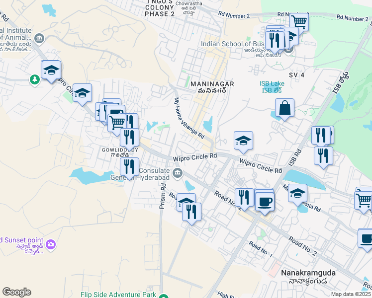 map of restaurants, bars, coffee shops, grocery stores, and more near 111 Wipro Circle Road in Nanakramguda