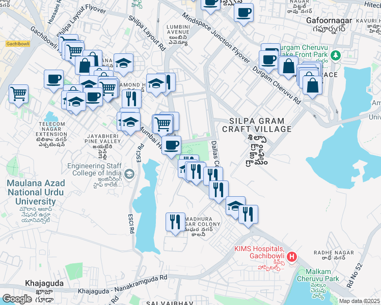 map of restaurants, bars, coffee shops, grocery stores, and more near Old Mumbai Highway in Hyderabad