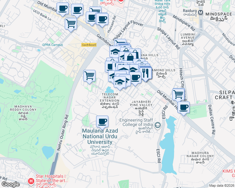 map of restaurants, bars, coffee shops, grocery stores, and more near in Hyderabad
