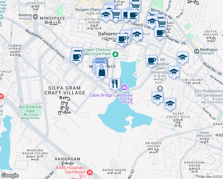 map of restaurants, bars, coffee shops, grocery stores, and more near 20 Durgam Cheruvu Road in Hyderabad