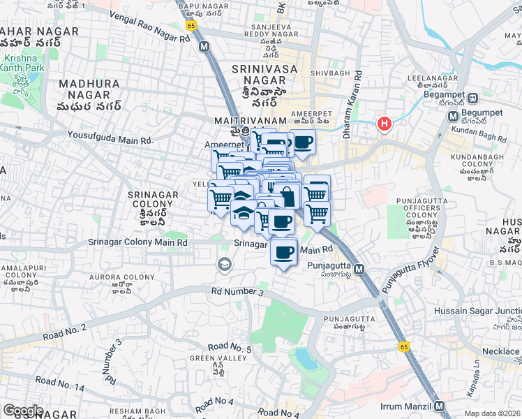 map of restaurants, bars, coffee shops, grocery stores, and more near Kallu Compound Road in Hyderabad