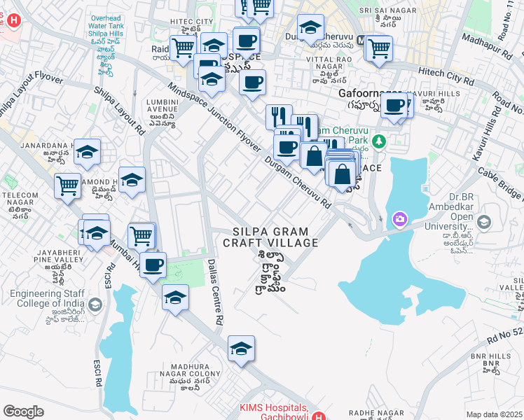 map of restaurants, bars, coffee shops, grocery stores, and more near 20 Durgam Cheruvu Road in Hyderabad