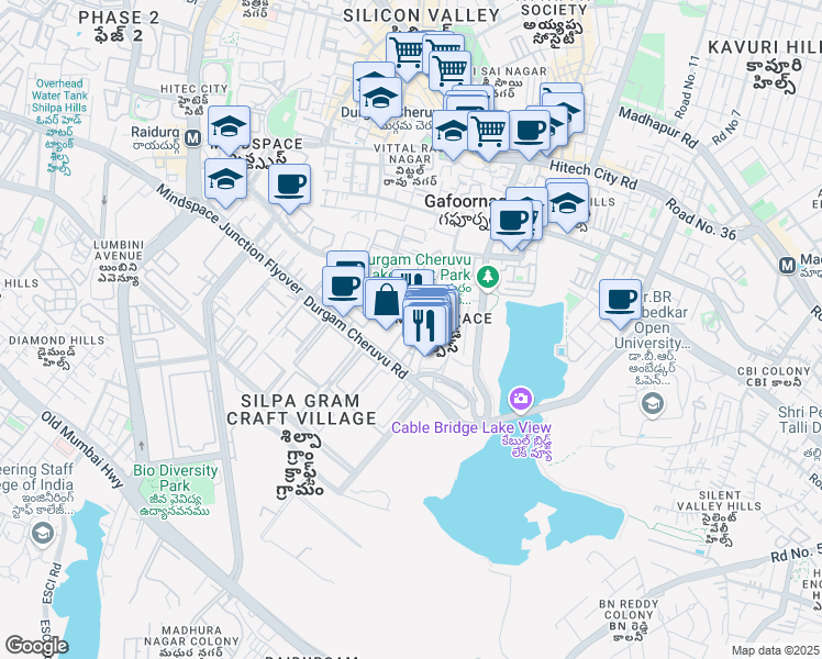 map of restaurants, bars, coffee shops, grocery stores, and more near Plot # 17 Software Units Layout Inorbit Mall Road in Hyderabad