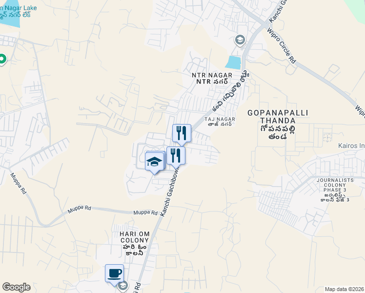 map of restaurants, bars, coffee shops, grocery stores, and more near Kanchi Gachibowli Road in Hyderabad