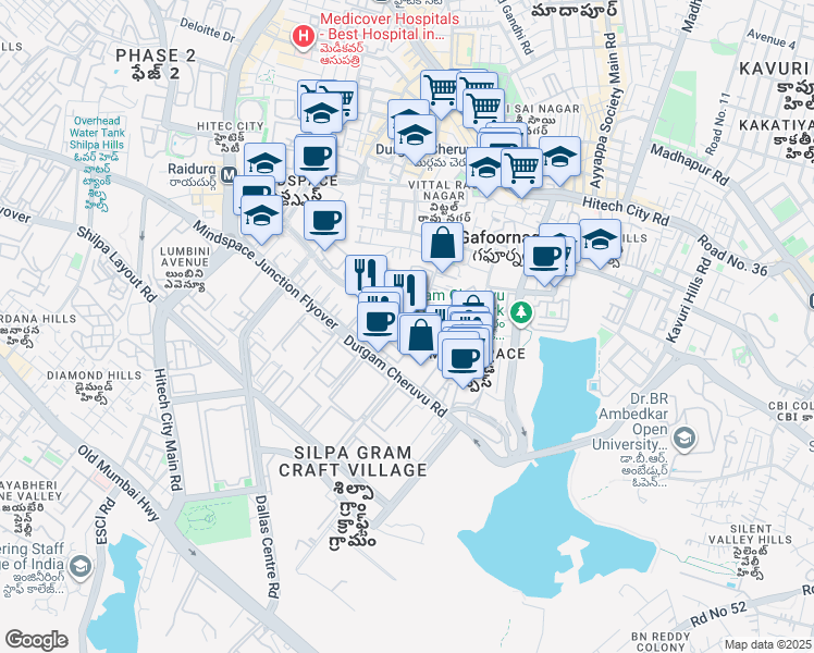 map of restaurants, bars, coffee shops, grocery stores, and more near 20 Inorbit Mall Road in Hyderabad