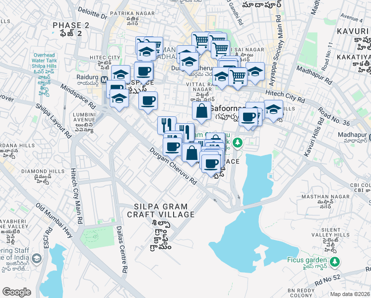 map of restaurants, bars, coffee shops, grocery stores, and more near 20 Inorbit Mall Road in Hyderabad