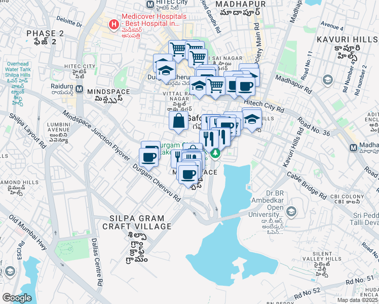 map of restaurants, bars, coffee shops, grocery stores, and more near 12D Mindspace Madhapur Road in Hyderabad