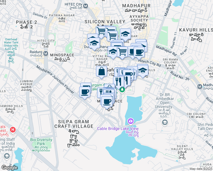 map of restaurants, bars, coffee shops, grocery stores, and more near 12D Mindspace Madhapur Road in Hyderabad
