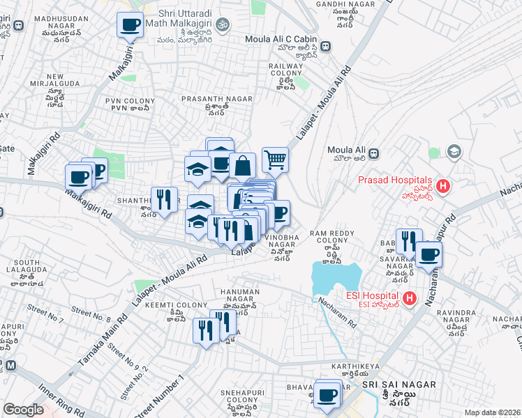 map of restaurants, bars, coffee shops, grocery stores, and more near Moula Ali Road in Secunderabad