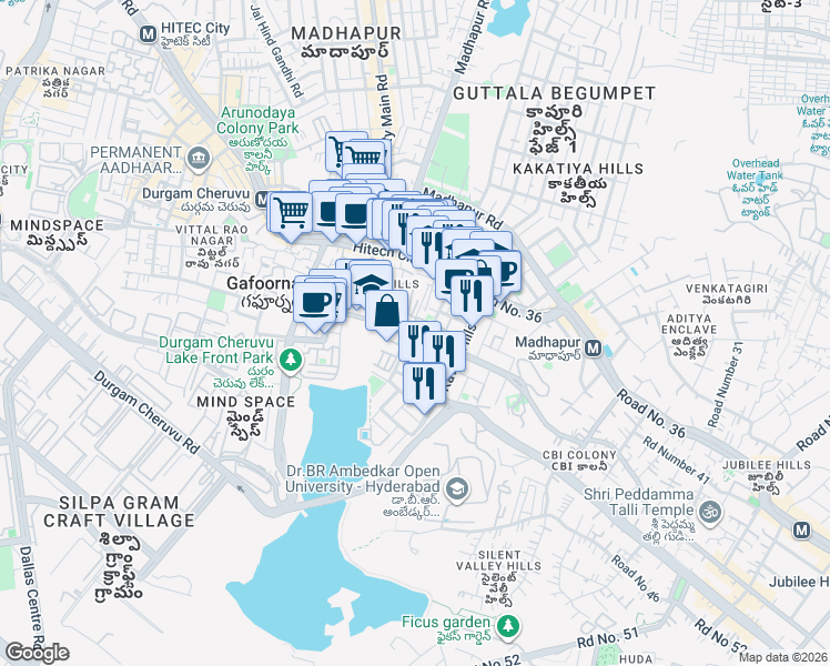 map of restaurants, bars, coffee shops, grocery stores, and more near 102 Road Number 2 in Hyderabad