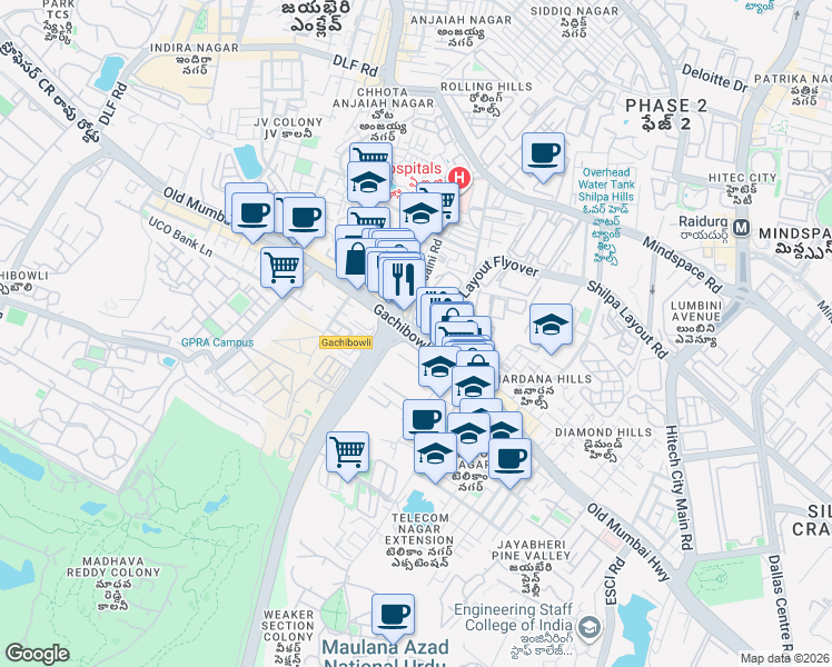 map of restaurants, bars, coffee shops, grocery stores, and more near Old Mumbai Road in Hyderabad