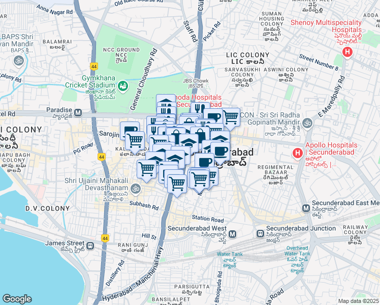 map of restaurants, bars, coffee shops, grocery stores, and more near Sarojini Devi Road in Secunderabad