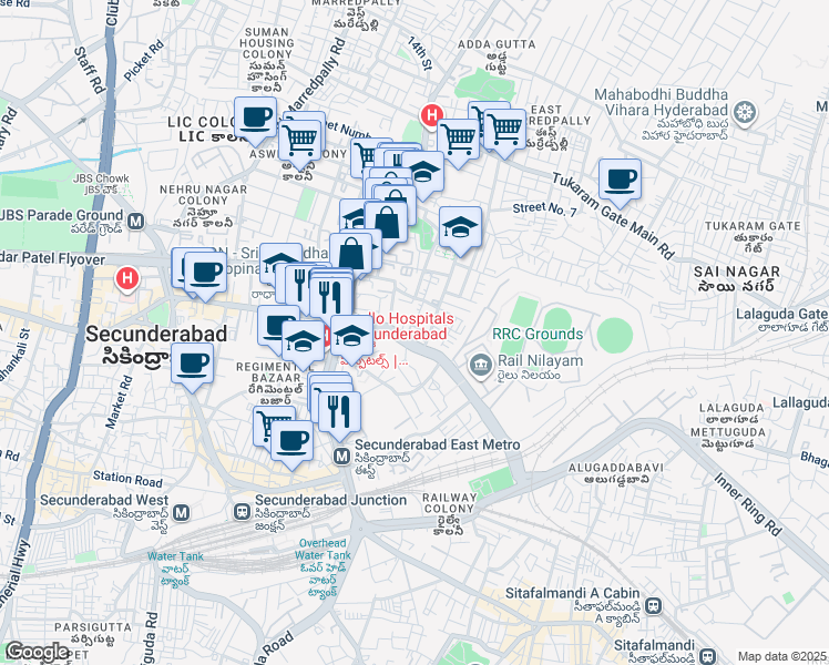 map of restaurants, bars, coffee shops, grocery stores, and more near Sarojini Devi Road in Secunderabad