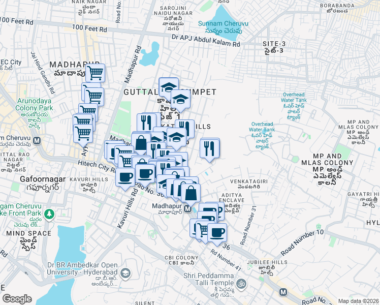 map of restaurants, bars, coffee shops, grocery stores, and more near 102 Road Number 2 in Hyderabad