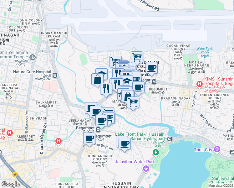 map of restaurants, bars, coffee shops, grocery stores, and more near Mayuri Marg in Hyderabad