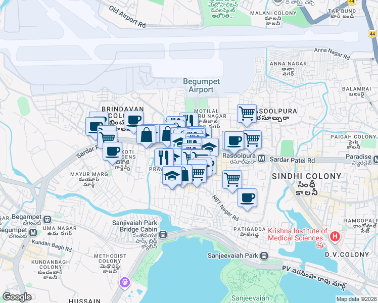 map of restaurants, bars, coffee shops, grocery stores, and more near Begumpet Road in Hyderabad