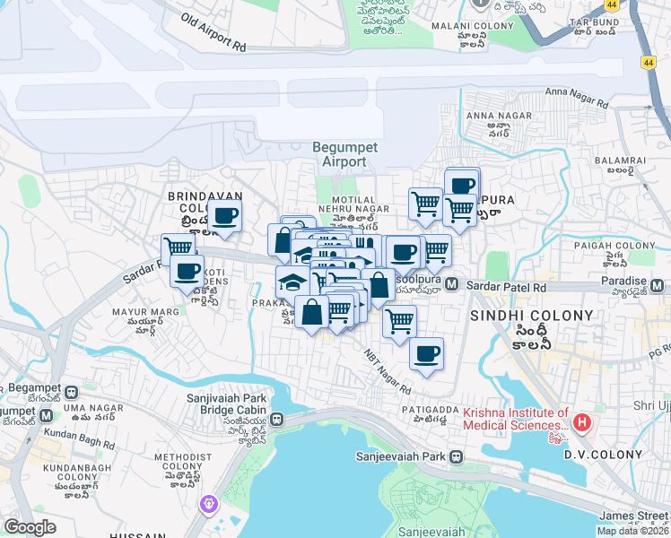 map of restaurants, bars, coffee shops, grocery stores, and more near 31/8 RT Begumpet Road in Hyderabad