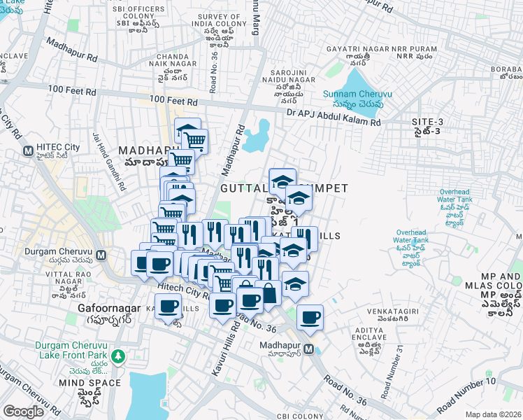 map of restaurants, bars, coffee shops, grocery stores, and more near 155 Road Number 72 in Hyderabad