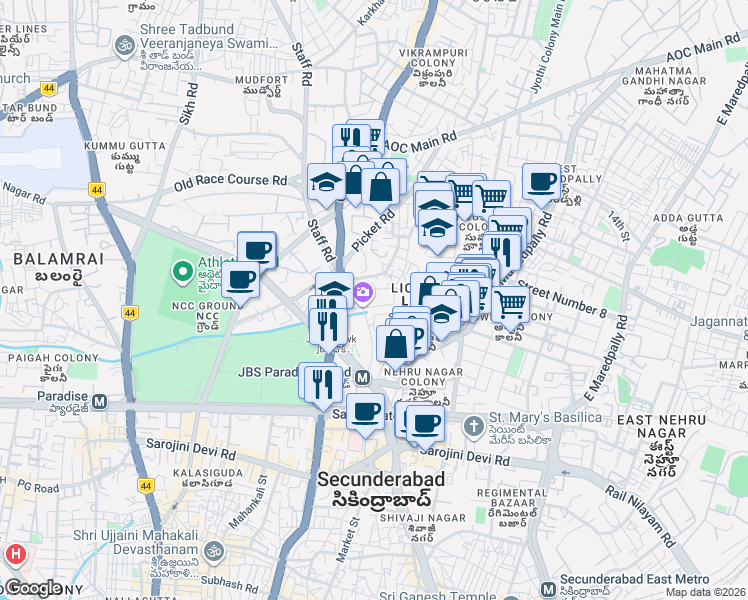 map of restaurants, bars, coffee shops, grocery stores, and more near in Secunderabad
