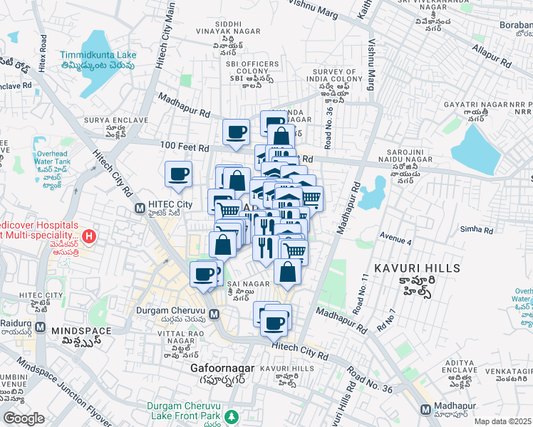 map of restaurants, bars, coffee shops, grocery stores, and more near in Hyderabad