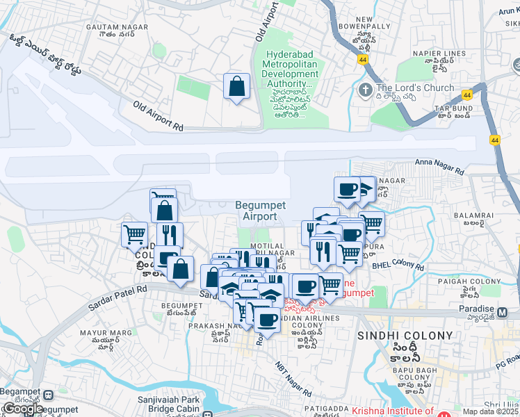 map of restaurants, bars, coffee shops, grocery stores, and more near Begumpet Airport Road in Hyderabad