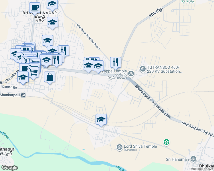 map of restaurants, bars, coffee shops, grocery stores, and more near 1 Shankarpalli Road in Shankarpalle