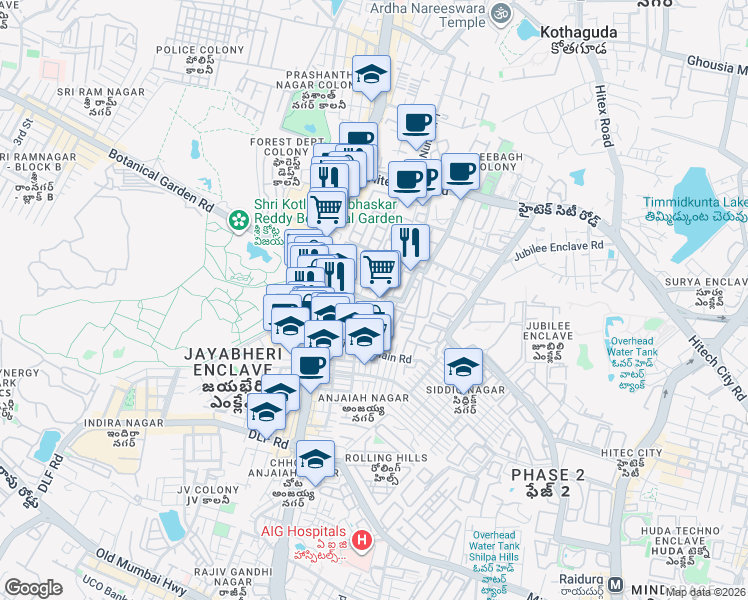map of restaurants, bars, coffee shops, grocery stores, and more near White Field Road in Hyderabad