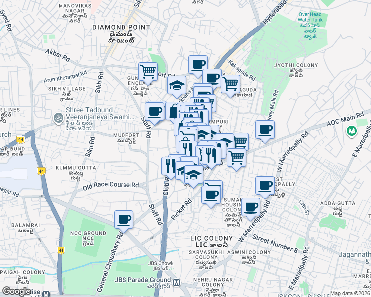 map of restaurants, bars, coffee shops, grocery stores, and more near Vinoba Nagar - Kakatiya Nagar Road in Hyderabad