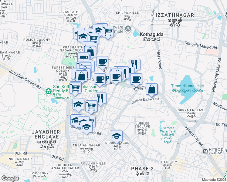 map of restaurants, bars, coffee shops, grocery stores, and more near White Field Road in Hyderabad