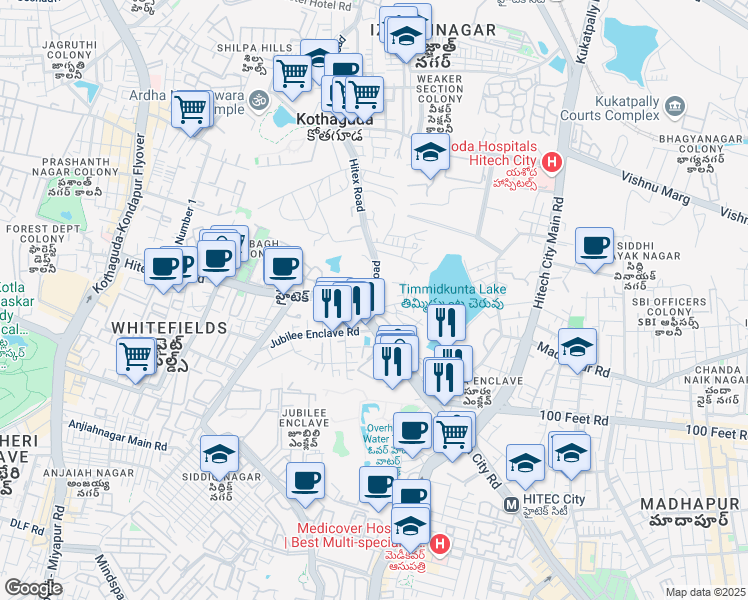 map of restaurants, bars, coffee shops, grocery stores, and more near Hitex Road in Hyderabad