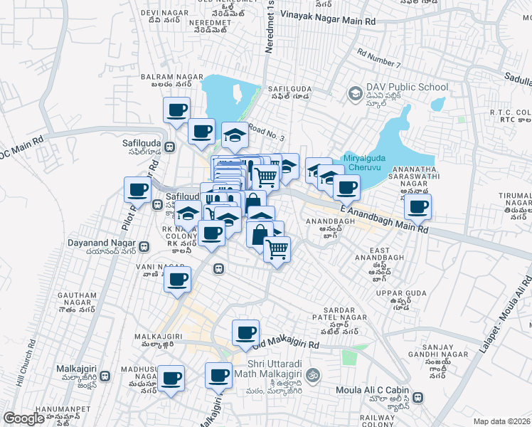 map of restaurants, bars, coffee shops, grocery stores, and more near in Secunderabad