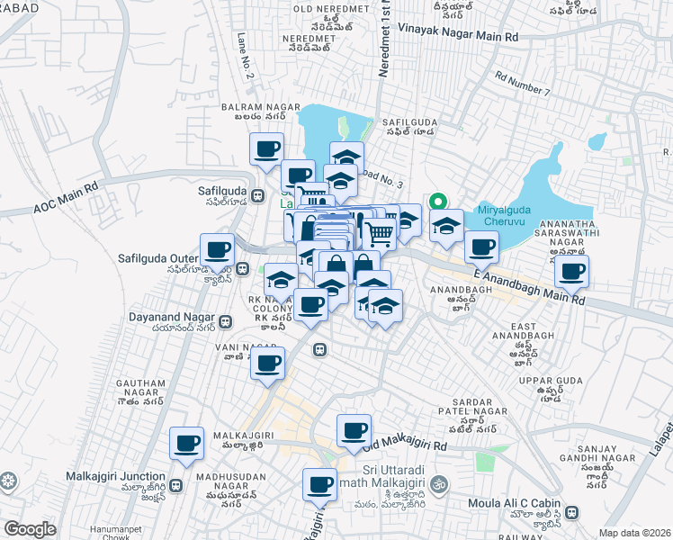 map of restaurants, bars, coffee shops, grocery stores, and more near in Secunderabad