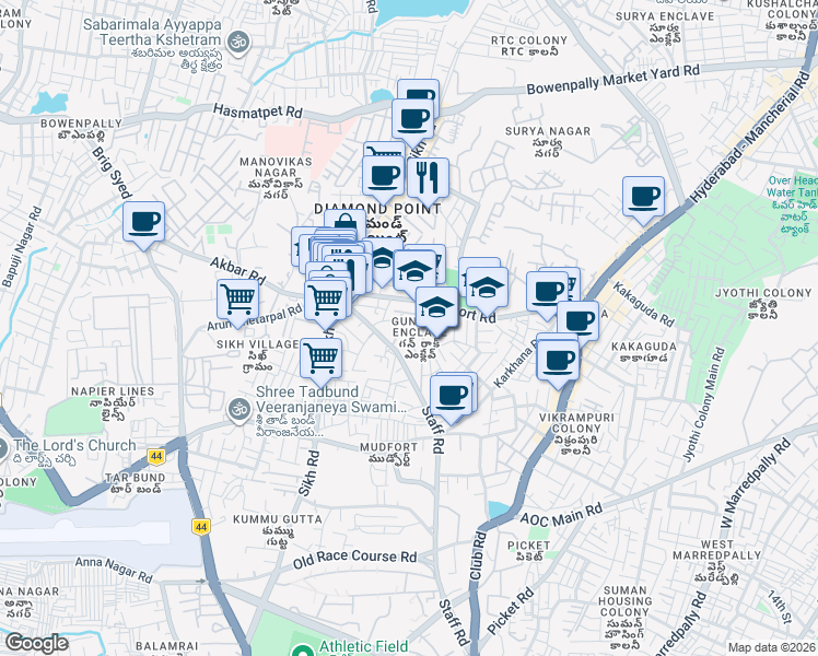 map of restaurants, bars, coffee shops, grocery stores, and more near in Secunderabad