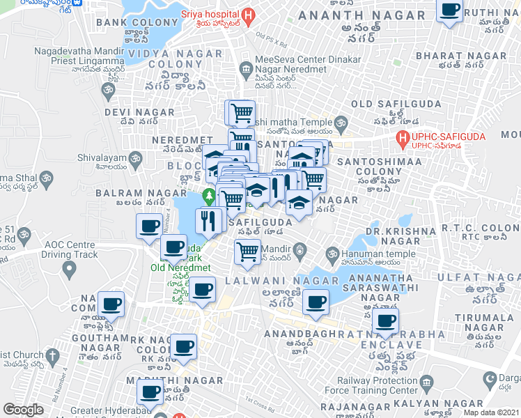 map of restaurants, bars, coffee shops, grocery stores, and more near in Secunderabad