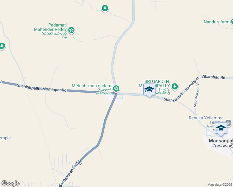 map of restaurants, bars, coffee shops, grocery stores, and more near Shankarpalli - Nawabpet - Vikarabad Road in Mehtab Khan Gudem