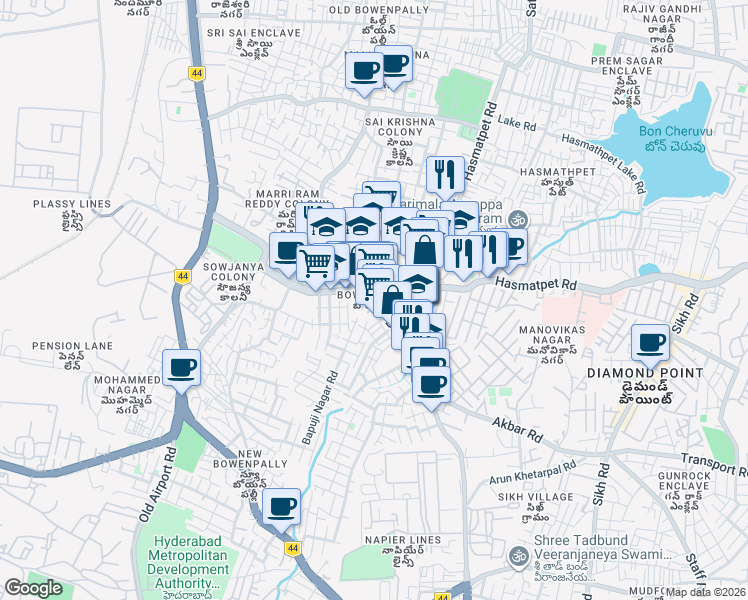 map of restaurants, bars, coffee shops, grocery stores, and more near in Secunderabad