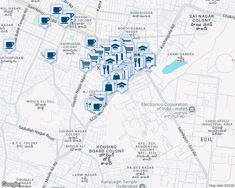 map of restaurants, bars, coffee shops, grocery stores, and more near Moula Ali Road in Secunderabad