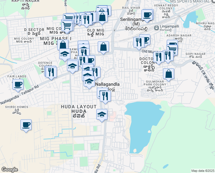 map of restaurants, bars, coffee shops, grocery stores, and more near in Nallagandla