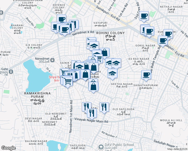 map of restaurants, bars, coffee shops, grocery stores, and more near 2nd Cross Road in Secunderabad