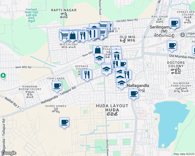 map of restaurants, bars, coffee shops, grocery stores, and more near Nallagandla - Tellapur Road in Hyderabad