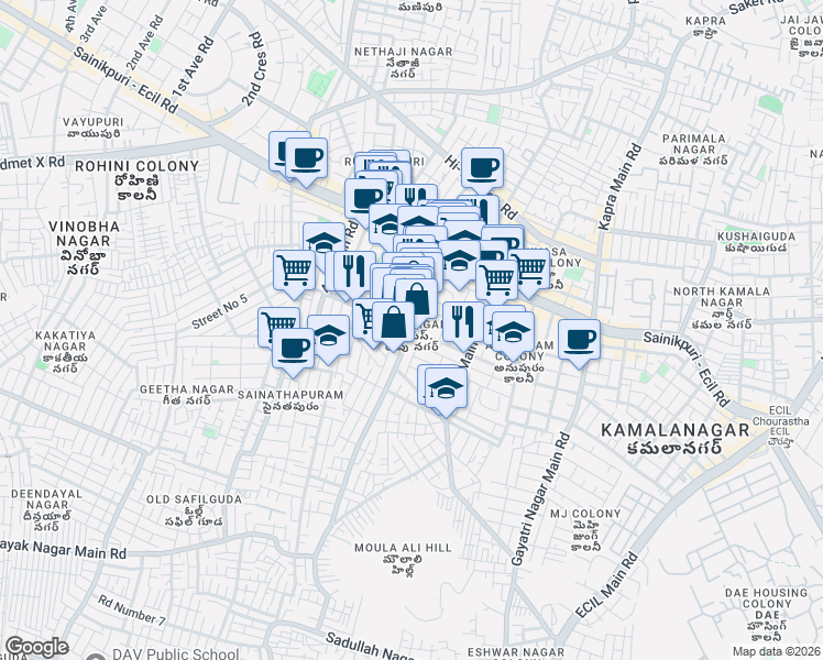 map of restaurants, bars, coffee shops, grocery stores, and more near Doctor A S Rao Nagar Road in Secunderabad