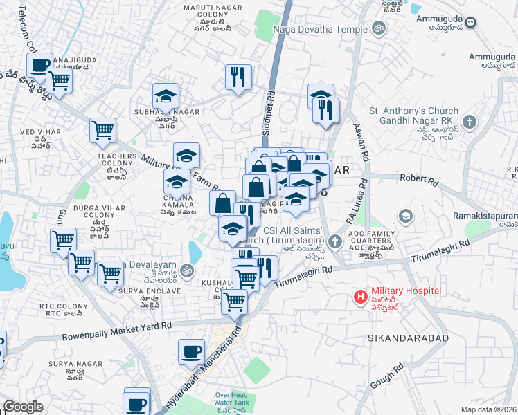 map of restaurants, bars, coffee shops, grocery stores, and more near in Secunderabad